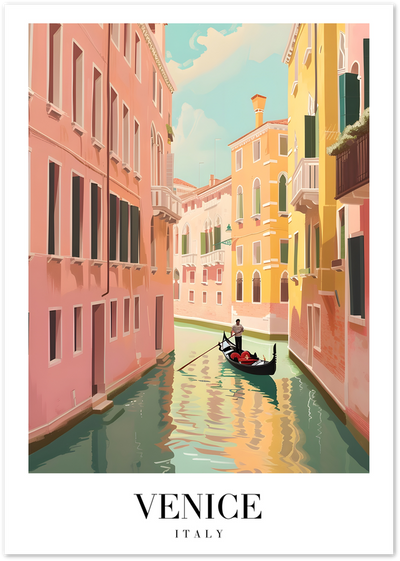 Illustrated poster of a Venice canal with pastel buildings and a gondolier, titled Venice Italy