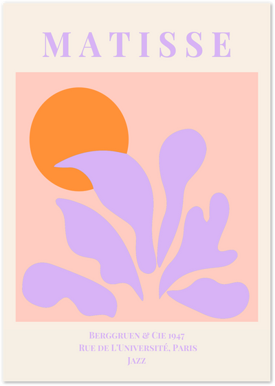 Matisse-style poster with purple leaf cut-out shape and orange sun on peach background