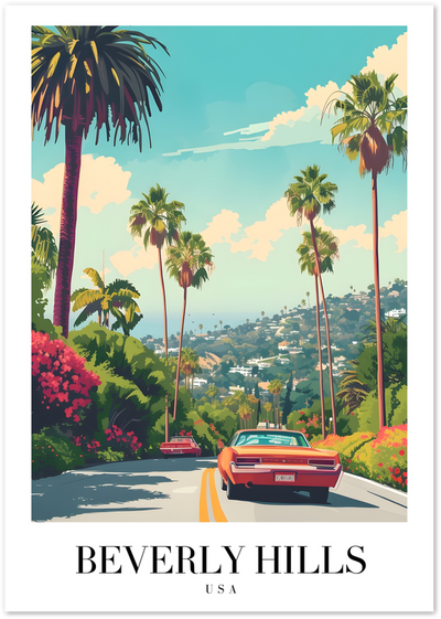 Retro poster of Beverly Hills street with palm trees, flowers and a vintage orange car