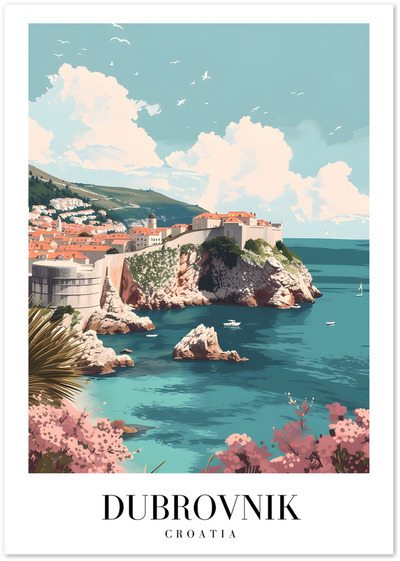 Illustrated travel poster of Dubrovnik Old Town walls, cliffs and turquoise sea in Croatia