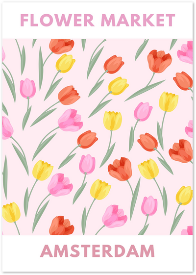 Colourful tulip pattern poster with Flower Market Amsterdam text on pink background