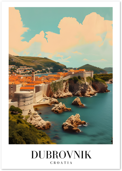 Poster of Dubrovnik Croatia showing old town rooftops, city walls and turquoise coastline
