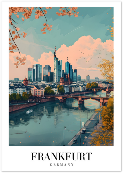 Frankfurt skyline poster with river, bridges and autumn branches under a pastel sky