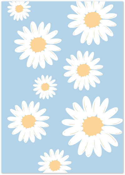 Illustrated white daisies with yellow centres scattered on a soft blue background