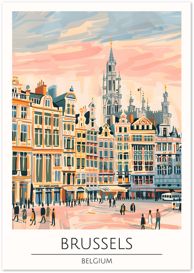 Illustrated poster of Brussels Grand Place with belfry tower and guild houses at sunset