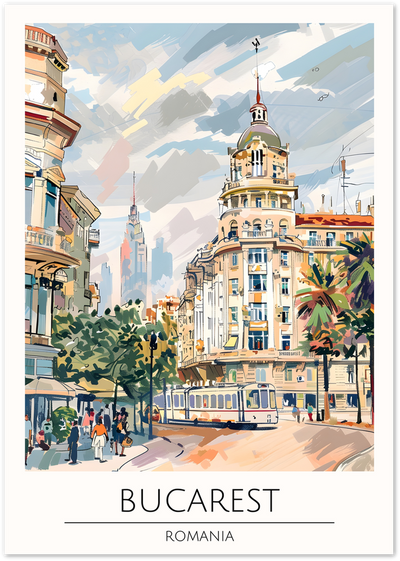 Illustrated poster of a Bucharest street with a domed building, tram and pedestrians, Romania