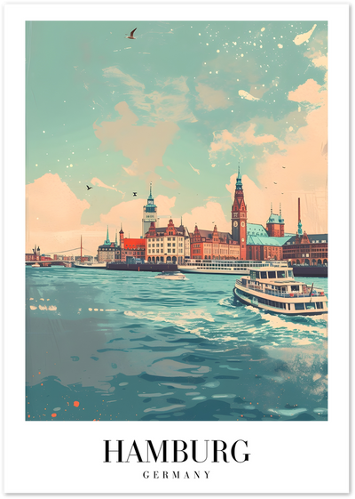 Vintage-style poster of Hamburg harbour with clock tower, buildings and a ferry on the water