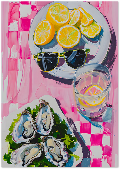 Painting of oysters, sliced lemons, sunglasses and a drink on a pink checkered tablecloth