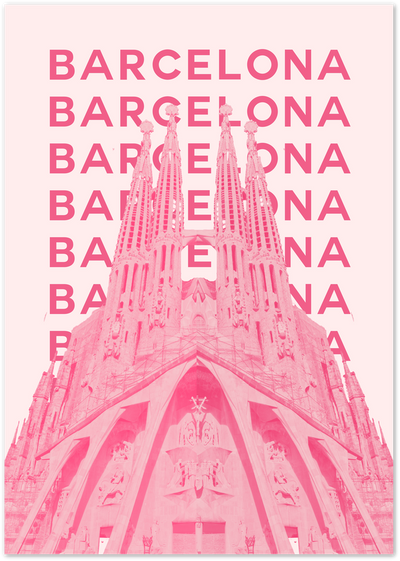 Pink toned poster of Sagrada Familia spires mirrored with repeated Barcelona text