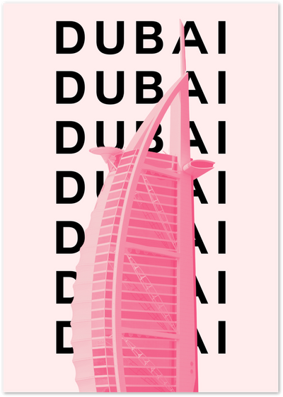 Pink duotone photo of the Burj Al Arab layered over repeated black Dubai typography