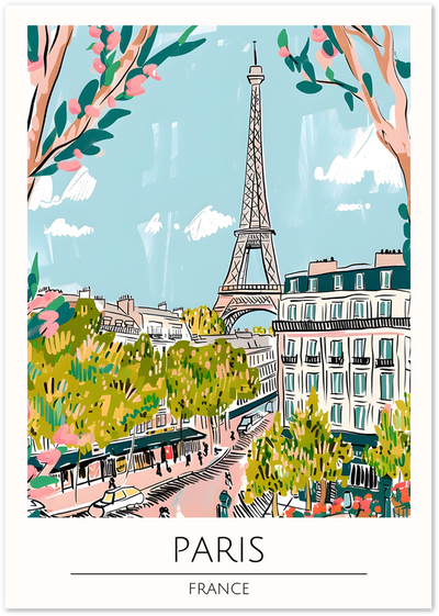 Illustrated poster of the Eiffel Tower and Paris street framed by spring blossoms