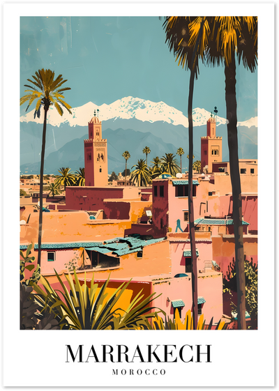 Illustrated Marrakech skyline with minarets, palm trees and the Atlas Mountains behind