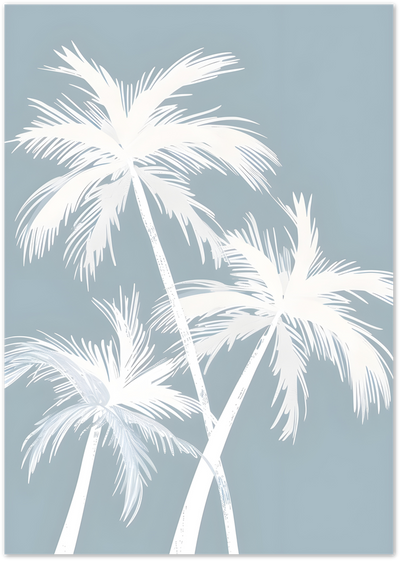 White silhouette palm trees with crossing trunks against a dusty blue sky background