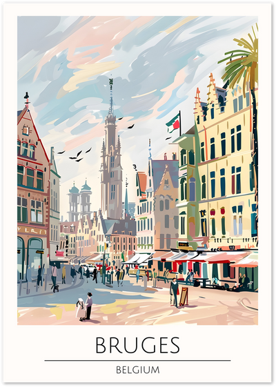 Illustrated poster of Bruges market square with belfry tower, gabled houses and pastel sky