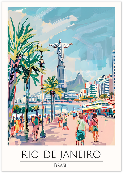 Illustrated poster of Rio de Janeiro with Christ the Redeemer, palm trees and coastal skyline