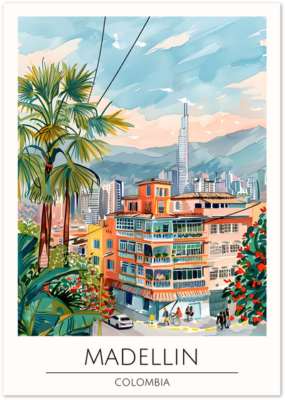 Illustrated poster of Medellin, Colombia with palm trees, colourful buildings and city skyline