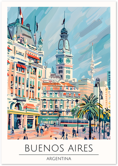 Illustrated poster of Buenos Aires, Argentina, showing a clock tower, historic buildings and street life
