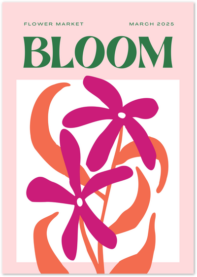 Bloom Flower Market poster with abstract magenta flowers and orange leaves on pink and white background