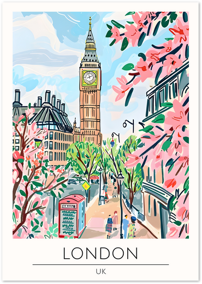 Illustrated poster of Big Ben in London with spring blossom and a red telephone box
