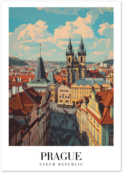 Illustrated poster of Prague Old Town Square with Tynsky Chram towers and terracotta rooftops