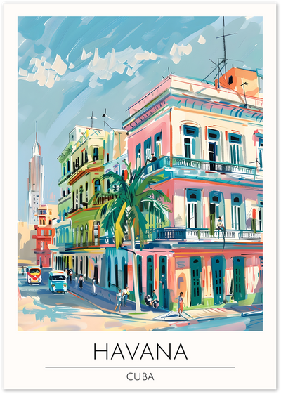 Illustrated poster of a colourful Havana street with pastel buildings, palm tree and classic cars
