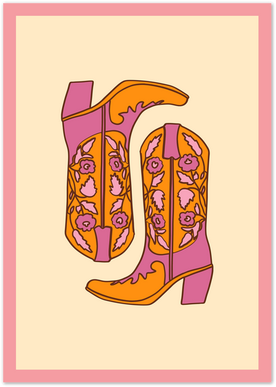 Illustration poster of pink and orange western cowboy boots with floral embroidery pattern