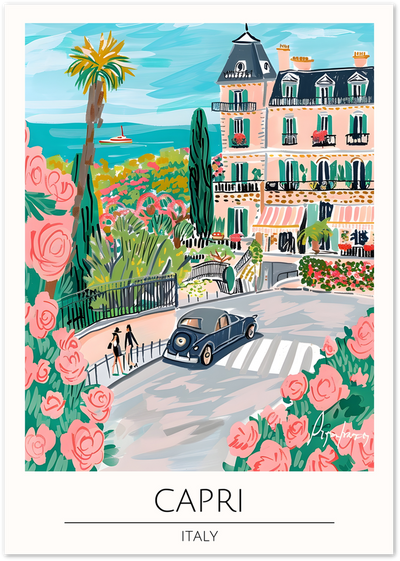 Illustrated poster of a Capri street with pink villa, roses, palm tree and vintage car