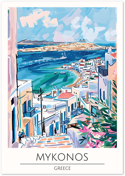 Illustrated poster of a Mykonos hillside street overlooking a turquoise bay and whitewashed houses