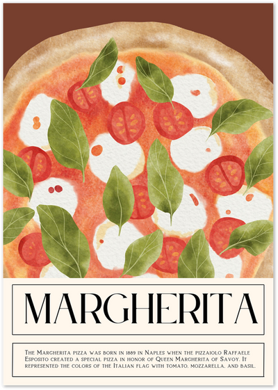 Watercolour Margherita pizza illustration with mozzarella, tomato and basil, titled Margherita