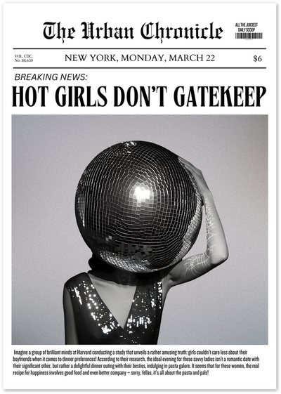 Black and white newspaper poster of a figure with a disco ball head wearing a sequin dress