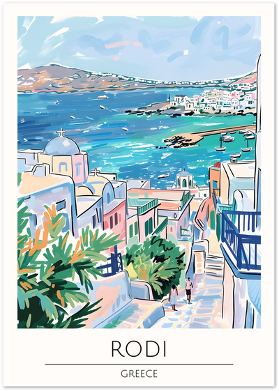 Illustrated poster of a Greek coastal village with whitewashed houses, a church dome and turquoise bay