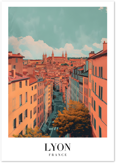 Illustrated poster of Lyon, France, showing terracotta rooftops and a basilica skyline under a teal sky