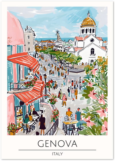 Illustrated poster of a Genova street with cafes, flowers and a domed church, Italy
