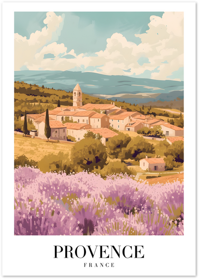 Illustrated poster of a Provence village with bell tower and lavender fields in France