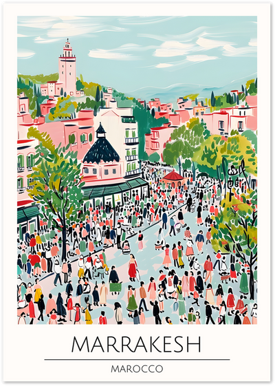 Illustrated poster of a crowded Marrakesh market square with pink buildings and a minaret