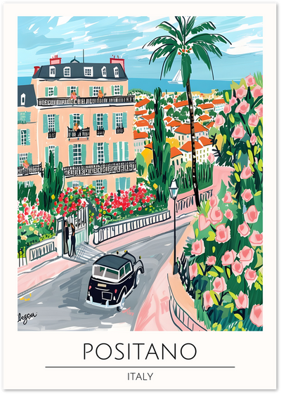 Illustrated poster of a Positano street with pink building, palm tree, roses and vintage car