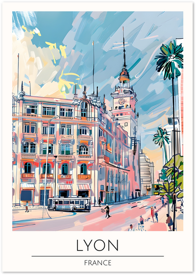 Illustrated poster of a Lyon street scene with clock tower building and tram, France