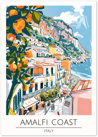 Illustrated poster of Amalfi Coast village in Italy with citrus tree, sea view, and colourful buildings