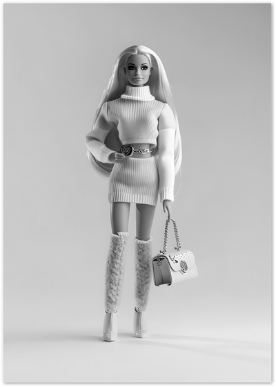 Monochrome poster of a fashion doll in a ribbed knit outfit with boots and handbag