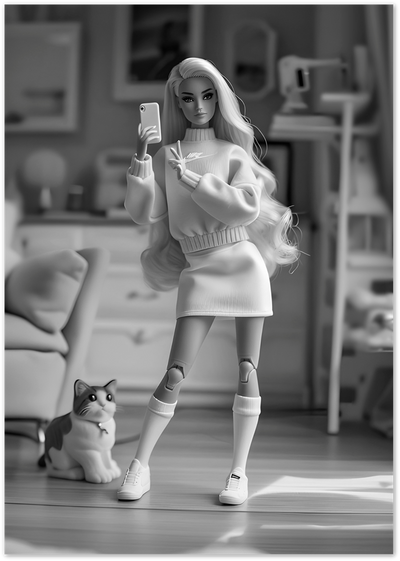 Black and white photo of a fashion doll taking a selfie with a cat nearby