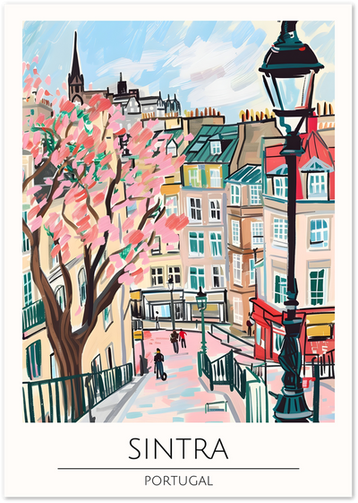 Illustrated poster of a Sintra street in Portugal with a blossom tree and lamppost