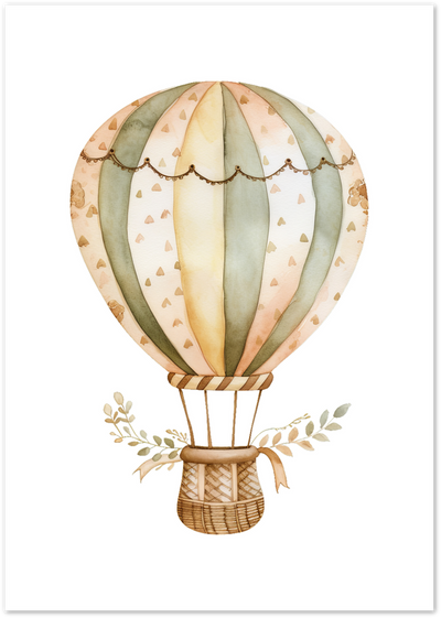 Watercolor hot air balloon in sage green and peach with woven basket and botanical sprigs