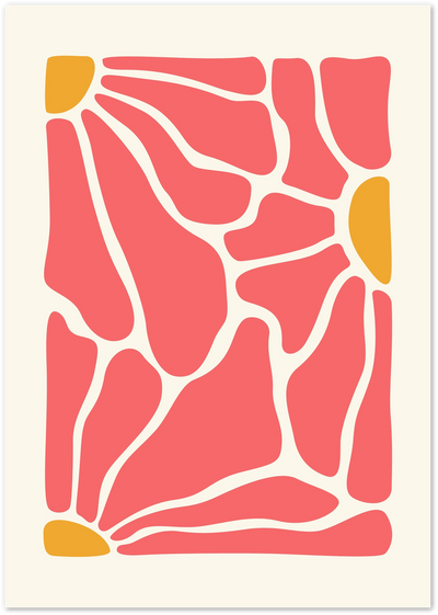 Abstract poster with coral pink puzzle-like shapes and yellow accents on cream background