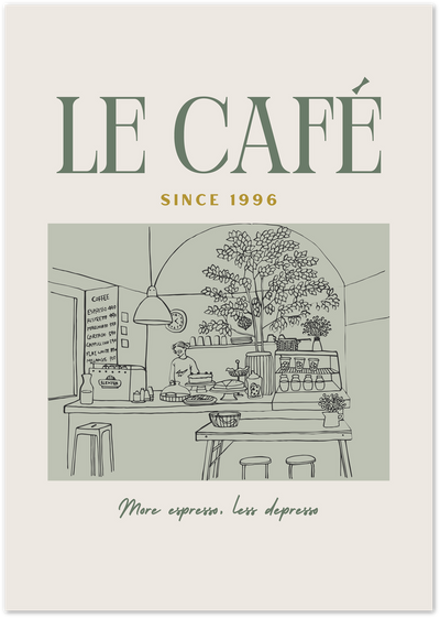 Le Cafe poster with vintage coffee shop line art illustration and espresso quote