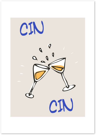 Illustration of two clinking cocktail glasses with 'Cin Cin' text on a beige background