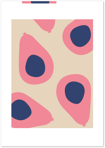 Abstract poster of pink balloon shapes with navy blue centres on a beige background