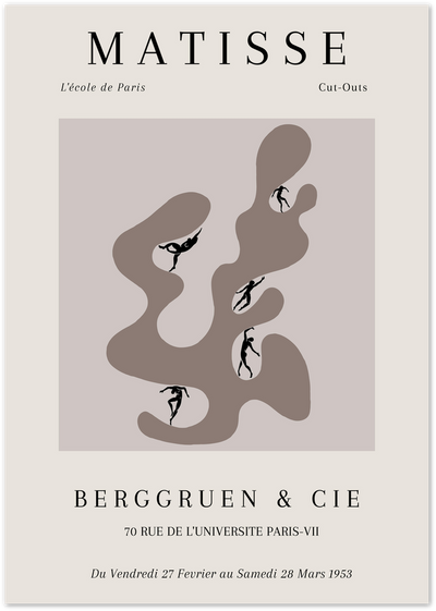 Matisse exhibition poster with dancing cut-out figure silhouettes on brown organic shapes