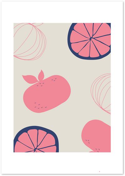 Illustrated poster of pink grapefruit slices and whole fruit on a beige background