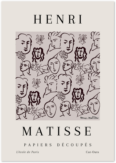 Matisse-style poster with repeated line-art faces and leaf motifs in plum on beige background