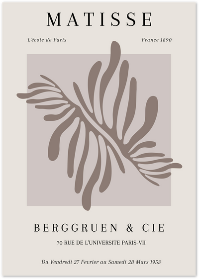Matisse-style exhibition poster with abstract brown leaf motif on beige background
